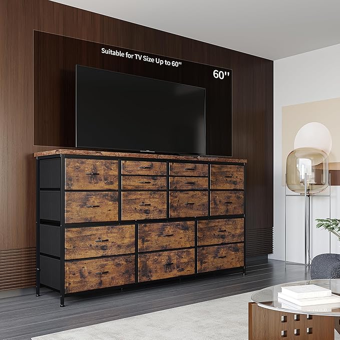 16 Drawers Long Dresser for Bedroom, 51"W Dressers with Power Outlets for 60"Inch TV for Living Room, Entertainment Center with Storage, Media TV Stand Console Table 51.1''W*11.8''D*34.8''H, Brown