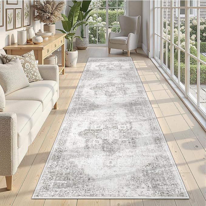 Runner Rug 2x8 Washable Rug, Vintage Boho Medallion Hallway Runner Non-Slip Soft Low Pile Distressed Floor Carpet Retro Doormat for Kitchen Bedroom Laundry Entryway Bathroom (Grey, 2'x8')