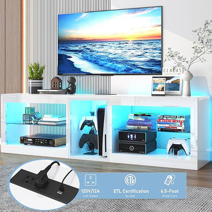 Vinctik 6&Fox LED TV Stands w/Power Outlet,60,00-Colors Lighting for 65 70in TV, 63" Modern High Gloss Entertainment Center,TV Console W/Adjustable Glass Shelves for Living Room Game Bedroom (White)