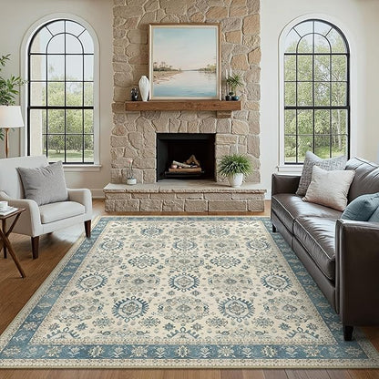 5x7 Area Rug Machine Washable Boho Rug for Living Room,Ultra-Thin Low Pile Carpet,Lightweight Indoor Printed Rug,Non Slip Floral Area Rug for Bedroom, Dining Room, Home Office,Blue