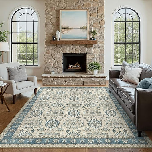 5x7 Area Rug Machine Washable Boho Rug for Living Room,Ultra-Thin Low Pile Carpet,Lightweight Indoor Printed Rug,Non Slip Floral Area Rug for Bedroom, Dining Room, Home Office,Blue