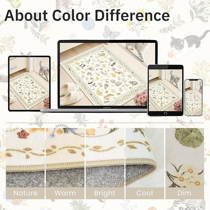 Soalmost Cat 8x10 Area Rugs for Living Room, Machine Washable Animal Floral Vintage Rug Non-Slip Low Pile Soft Throw Large Rugs for Classroom Bedroom Dining Room Nursery Playroom (8 x 10,Beige)