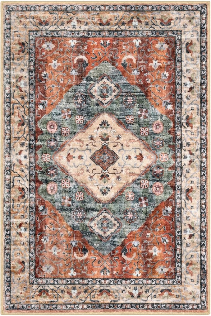 KOZYFLY Boho Area Rug 9x12 Ft Thin Rugs for Living Room Washable Bedroom Rug Non Slip Rugs for Living Room Rust/Orange/Blue Printed Faux Wool Vintage Bedroom Rug Floor Carpet for Dining Room