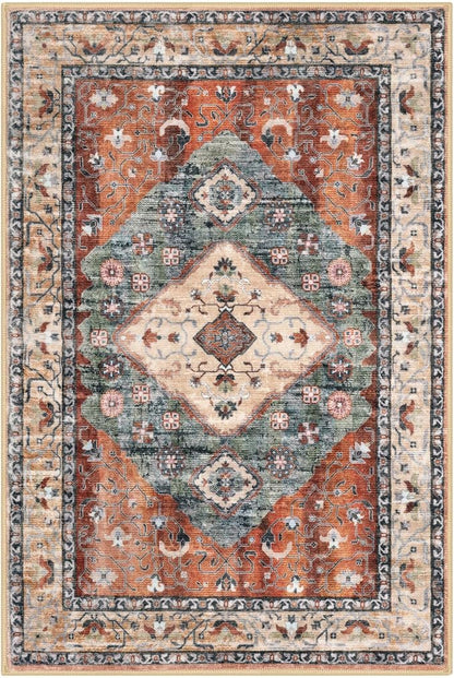 KOZYFLY Boho Area Rug 9x12 Ft Thin Rugs for Living Room Washable Bedroom Rug Non Slip Rugs for Living Room Rust/Orange/Blue Printed Faux Wool Vintage Bedroom Rug Floor Carpet for Dining Room