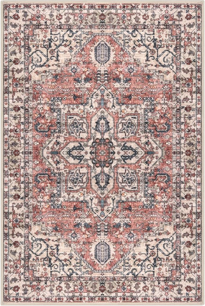 KOZYFLY Boho Area Rug 5x7 Ft Thin Washable Rugs for Living Room Faux Wool Throw Carpet Printed Non Slip Rug for Entryway Bedroom Dining Room Living Space, Red Salmon/Pink/Navy