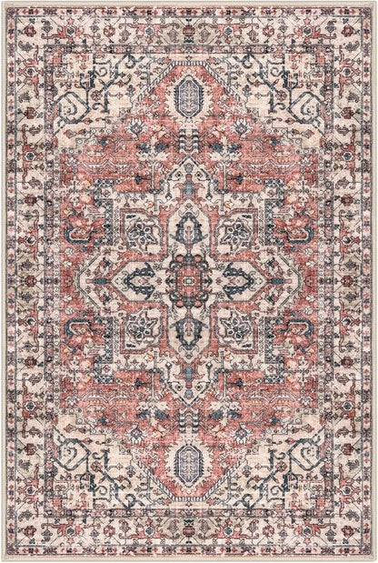 KOZYFLY Area Rug 8x10 Ft Thin Rugs for Living Room Washable Bedroom Rug Non Slip Rugs for Living Room Printed Faux Wool Vintage Bedroom Rug Floor Carpet for Dining Room, Red Salmon/Pink/Navy