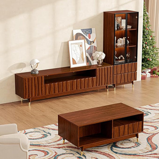 102" Walnut Finish Entertainment Center for 55/65/75 inch TV, Included 78.7'' TV Stand, Glass Display Cabinet and Coffee Table, 3-Piece Brown Mid Century Modern Wood Media Console for Living Room