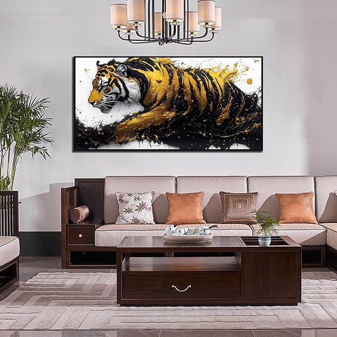 Tiger Art Wall Decor for Living Room - Modern Black and Gold Wall Decor for Bedroom - Large Framed Wall Art for Office Size 29" x 59"