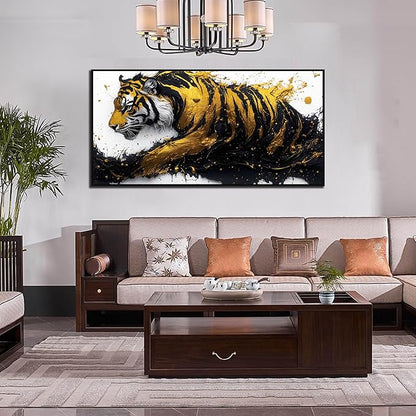 Tiger Art Wall Decor for Living Room - Modern Black and Gold Wall Decor for Bedroom - Large Framed Wall Art for Office Size 29" x 59"