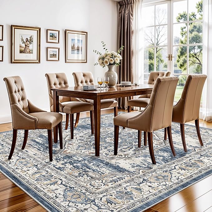 7x7 Area Rug Washable Living Room Rugs: 7ft Square Ultra Thin Soft Oriental Area Rugs Non-Slip Backing Farmhouse Rug Low Pile Thin Stain Resistant Indoor Carpets, 7' x 7' Blue