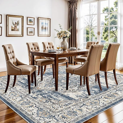 7x7 Area Rug Washable Living Room Rugs: 7ft Square Ultra Thin Soft Oriental Area Rugs Non-Slip Backing Farmhouse Rug Low Pile Thin Stain Resistant Indoor Carpets, 7' x 7' Blue