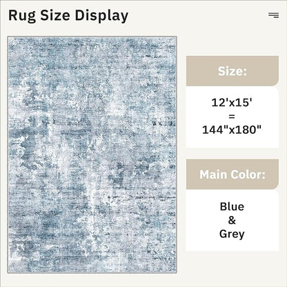 Soalmost 12x15 Washable Area Rug Blue/Grey Neutral Abstract Living Room Large Carpet Non Slip Bedroom Indoor Office Dining Room Low Pile Thin Rug