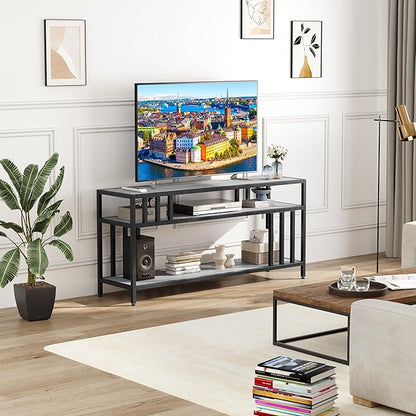 65'' TV Stand for Television up to 75 Inches, Entertainment Center with 3-Tier Open Storage Shelves, TV Media Console Table with Quadruple-Tube Support for Living Room, Grey
