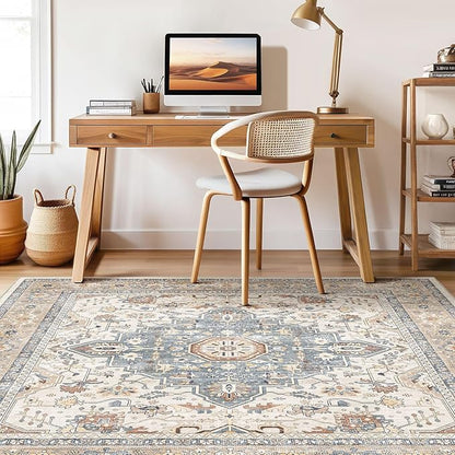 Square Rug 8x8 Living Room: Washable Boho Large Neutral Vintage Soft Rugs Stain Resistant Distressed Farmhouse Non-Slip Indoor Floor Carpet for Bedroom Nursery Kids Office Dining Room- Beige Blue