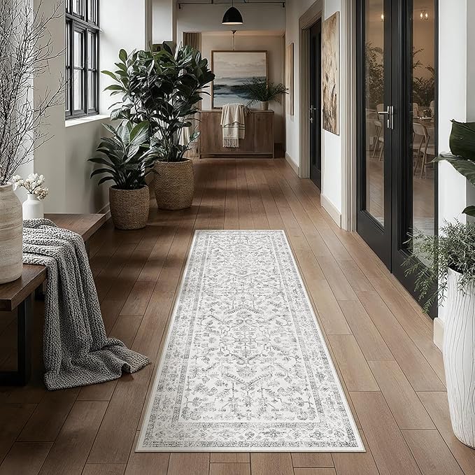PureCozy Grey 2x7 Runner Rug Vintage Area Carpet Hallway Indoor Kitchen Washable Neutral Low Pile Traditional Distressed Gray Retro Accent Throw Rug Non Slip for Laundry Bathroom Office