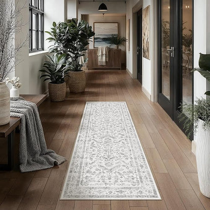 PureCozy Grey 2x7 Runner Rug Vintage Area Carpet Hallway Indoor Kitchen Washable Neutral Low Pile Traditional Distressed Gray Retro Accent Throw Rug Non Slip for Laundry Bathroom Office