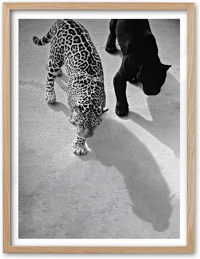 EcoHest Small Cheetah and Jaguar Walking Framed Wall Art, 8x10 in OAK Wood Vintage Black and White Funny Bathroom Canvas Art, Fashion 1950s Poster Decor, Set of 1 for Bedroom Living Room