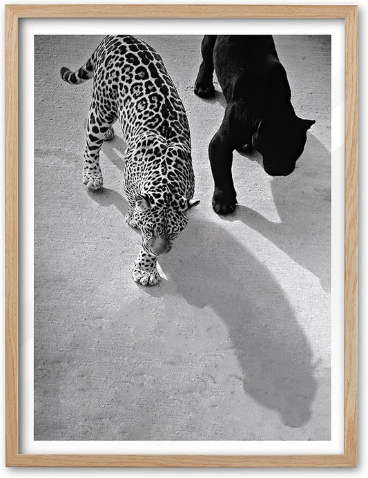 EcoHest Small Cheetah and Jaguar Walking Framed Wall Art, 8x10 in OAK Wood Vintage Black and White Funny Bathroom Canvas Art, Fashion 1950s Poster Decor, Set of 1 for Bedroom Living Room