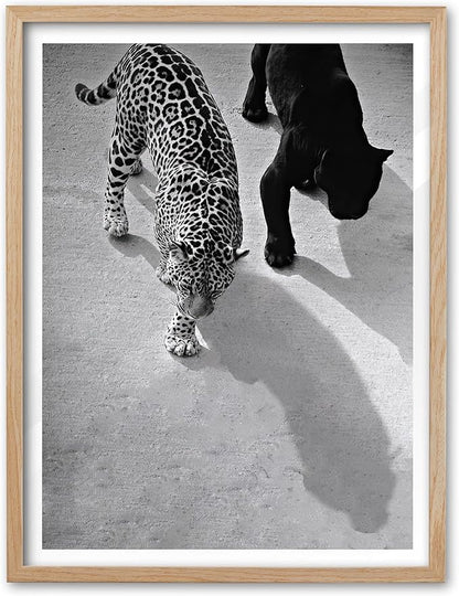 EcoHest Cheetah and Jaguar Walking Framed Wall Art, Large 16x20 in OAK Wood Vintage Black and White Funny Bathroom Canvas Art, Fashion 1950s Decor, Beige Logs Set of 1 for Bedroom Living Room