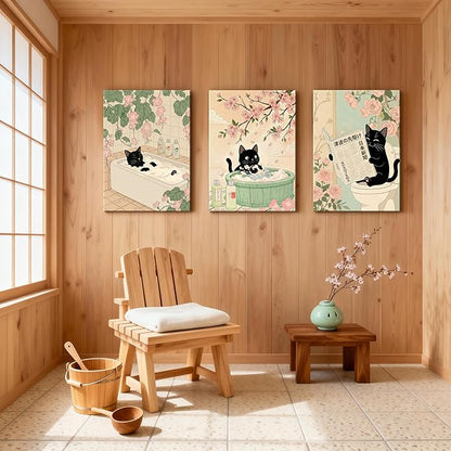 WENGTIAO Japanese Bathroom Wall Art Set of 3 Funny Black Cat Wall Paintings Cute Japan Cat Prints Pictures Animal on Toilet Photo Home Decor for Bathroom Restroom Laundry Room 16”x24”x3