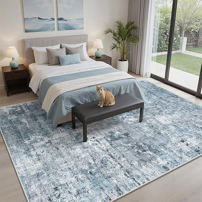 Soalmost 7x9 Area Rug for Living Room Washable Abstract Vintage Soft Thin Indoor Floor Non-Slip Carpet for Bedroom Dining Room Blue Grey