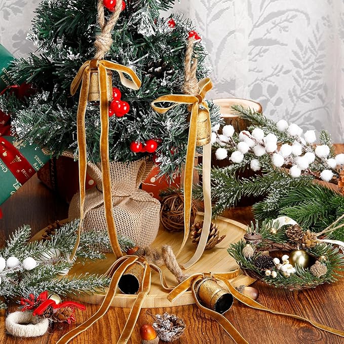 Suncalla 6 Pcs Rustic Gold Bells with 6 Pcs Khaki Velvet Bows Mini Handmade Hanging Ornament Decorative Antique Bells Velvet Bows for Xmas Tree Crafts Door Wreath Decoration DIY Party Supplies