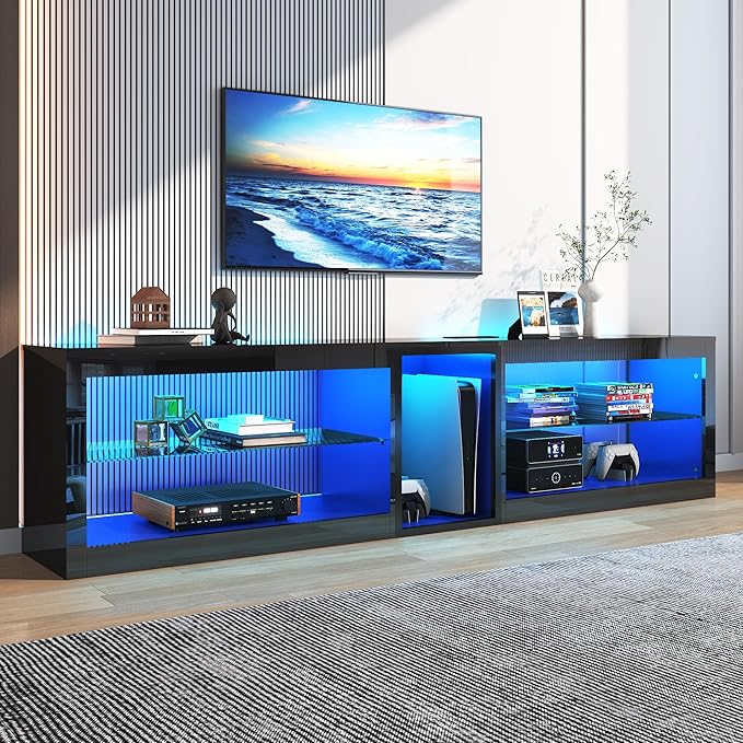 Vinctik 6&Fox 80in High Gloss LED TV Stands w/Power Outlet,60,000-Colors Lighting for 80 85 90inch TV,Modern Black LED Entertainment Center w/Adjustable Glass Shelves for Living Room