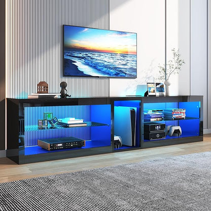 Vinctik 6&Fox 80in High Gloss LED TV Stands w/Power Outlet,60,000-Colors Lighting for 80 85 90inch TV,Modern Black LED Entertainment Center w/Adjustable Glass Shelves for Living Room