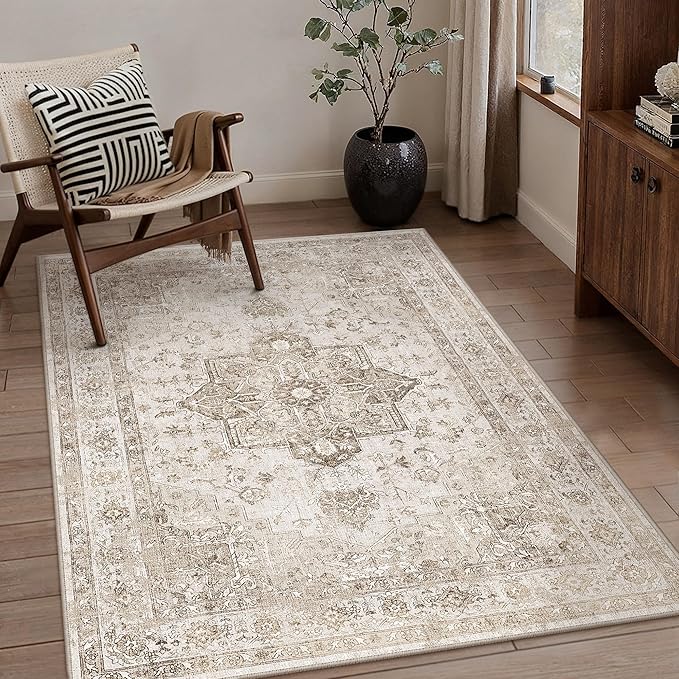 PureCozy Taupe Area Rug 3x4 Washable Vintage Carpet for Office Kitchen Non Slip Retro Distressed Door Mat Low Pile Soft Oriental Medallion Thin Small Throw Rug Entryway Bedroom Bathroom Dining Room