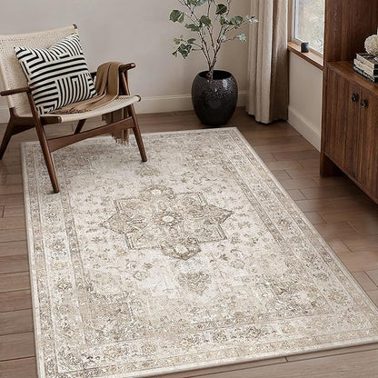 PureCozy Taupe Area Rug 3x4 Washable Vintage Carpet for Office Kitchen Non Slip Retro Distressed Door Mat Low Pile Soft Oriental Medallion Thin Small Throw Rug Entryway Bedroom Bathroom Dining Room