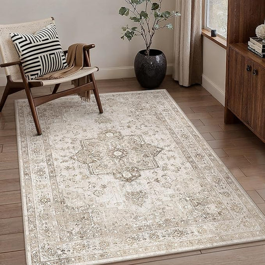 PureCozy Taupe Area Rug 3x4 Washable Vintage Carpet for Office Kitchen Non Slip Retro Distressed Door Mat Low Pile Soft Oriental Medallion Thin Small Throw Rug Entryway Bedroom Bathroom Dining Room