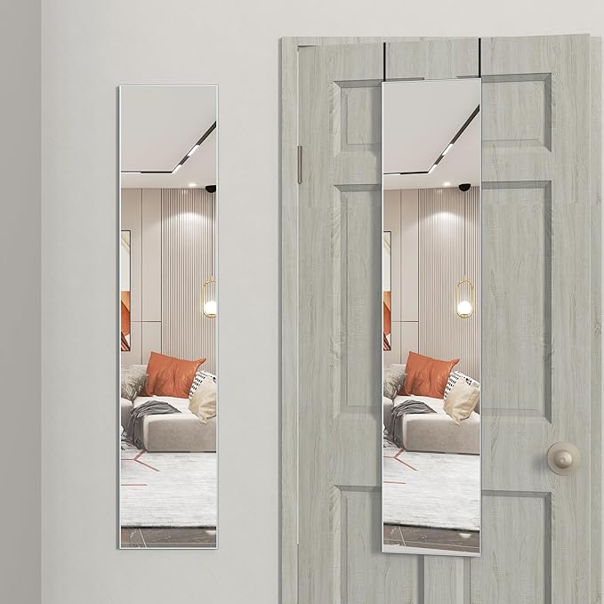 ANYHI Large Full Length Mirror, 65"x13.8" Door Mirror Full Length, 2 Hooks, Over The Door or Wall Monuted, Aluminum Frame, for Bedroom Bathroom Checkroom, Silver