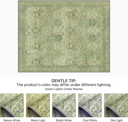 Bavni Washable Rug 6x9 Area Rug for Living Room Bedroom Dining, Washable Vintage Print Carpet, Ultra-Thin Chenille Low Pile Lightweight Rug with Non Slip Backing, Light Green