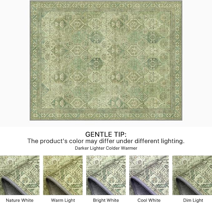 Bavni Washable Rug 8x10 Area Rug for Living Room Bedroom Dining, Washable Vintage Print Carpet, Ultra-Thin Chenille Low Pile Lightweight Rug with Non Slip Backing, Light Green