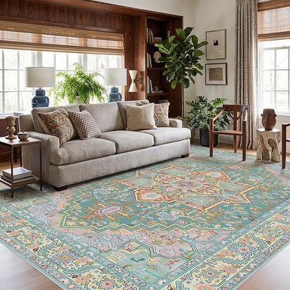 Kokia 8x10 Washable Turquoise Teal Area Rugs with Vintage Orient Design Soft Rug for Living Room or Bedroom Non-Slip Low Pile Stain Resistance Features Distressed Medallion Pattern
