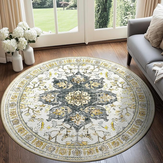 BESTSWEETIE 6ft Area Rug Washable Rugs for Living Room, No Pile Boho Carpet for Entryway Bedroom Dinning Room, Vintage Carpet Print Distressed Non-Slip, 72" Round, Grey Brown