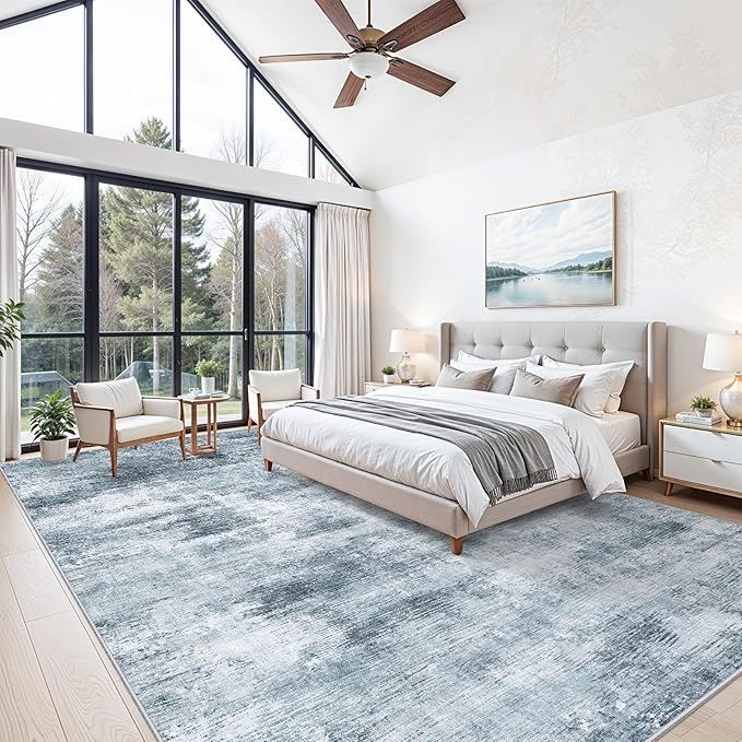 12x15 Area Rug for Living Room – Large Modern Neutral Abstract Thin Washable Carpet, Soft Low Pile Non-Slip Stain-Resistant for Bedroom Dining Room Home Office (Misty Blue Gray)