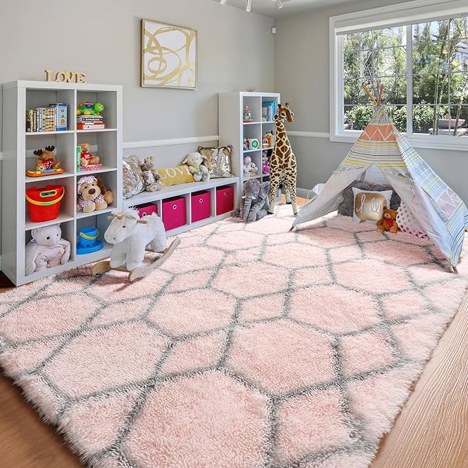 ONASAR 7x9 Area Rugs for Living Room Bedroom, Large Fluffy Pink and Grey Throw Rug, Geometric Soft Plush Shaggy Indoor Floor Carpet for Nursery Kids Girls Boys Teen Dorm Home Decor Aesthetic