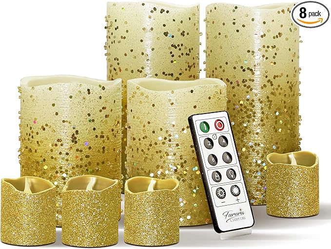 FURORA LIGHTING Gold Glitter Flameless Candles - Real Wax, Adjustable Brightness, Remote & Timer - 4 Pillars (3x4, 3x6) and 4 Votives, 8-Pack, Battery Operated
