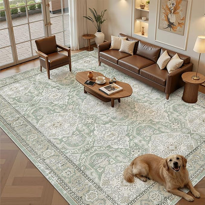 Soalmost 9x12 Area Rugs for Living Room, Non Slip Machine Washable Vintage Rugs, Low Pile Lightweight Large Rug for Bedroom, Dining Room, Home Office Green/Brown