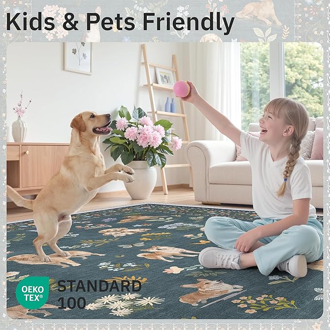 Soalmost Dog 5x7 Area Rugs for Living Room, Machine Washable Animal Floral Vintage Rug Non-Slip Low Pile Soft Throw Rugs for Kitchen Dining Room Bedroom Nursery Playroom (5 x 7,Navy Blue)