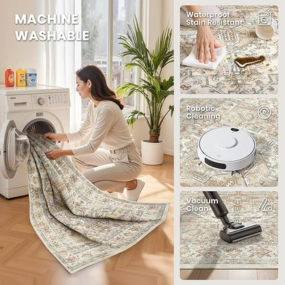 zesthome 8x10 Area Rugs - Stain Resistant Washable Rug for Living Room, Non-Slip Backing Large Area Rug with Ultra-Thin Low Pile for Bedroom, Vintage Home Decor
