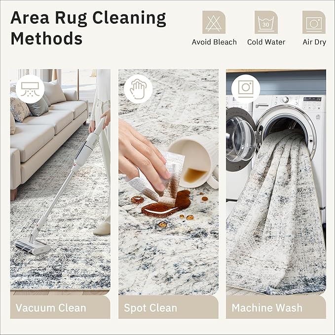 Soalmost 6x9 Area Rug for Living Room Washable 6x9 Non-Slip Modern Rugs for Bedroom Dinning Room Ultra-Thin Indoor Blue Ivory