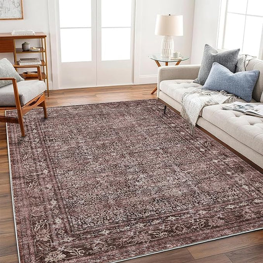 CHAMPLANT Washable Area Rug 4'x6' Traditional Floor Cover Foldable Thin Rugs Retro Kitchen Indoor Distressed Non Slip Carpet Floral Print Mat Bedroom Living Room