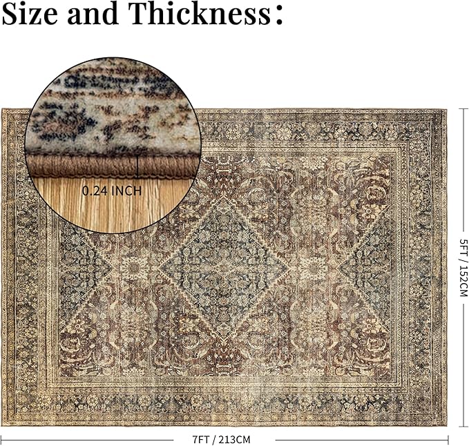 Washable 5x7 Area Rug: Vintage Brown Rugs for Living Room Bedroom Dining Room Office Indoor - Soft Non-Slip Large Carpet Home Decor - Oriental Dark Brown