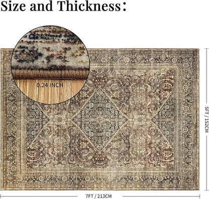 Washable 5x7 Area Rug: Vintage Brown Rugs for Living Room Bedroom Dining Room Office Indoor - Soft Non-Slip Large Carpet Home Decor - Oriental Dark Brown