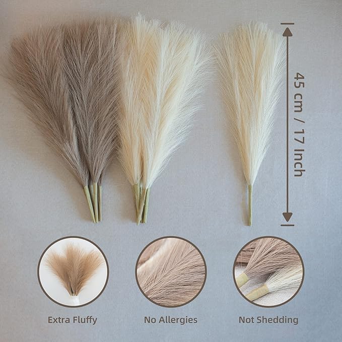 Pampas Grass Decor, Fluffy Faux Pampas Grass 6 Stem 18"/45cm Pompous Grass Small Flower Arrangement and Vase Filler for Boho Home Wedding Decoration (Dusty Pink)