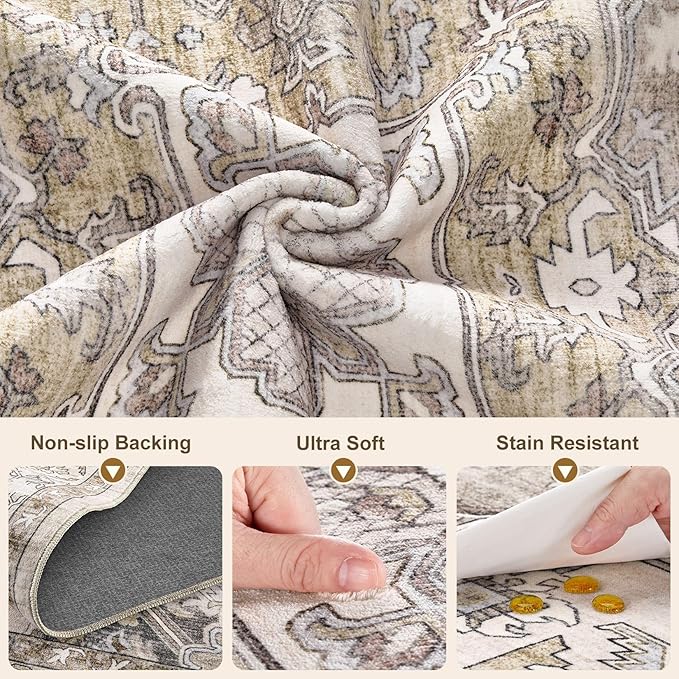 Washable 2x6 Runner Rugs: Non Slip Vintage Brown Area Rugs for Living Room, Large Soft Stain Resistant Indoor Floor Carpets for Bedroom Dining Room Nursery Home Office Kid & Pet Friendly