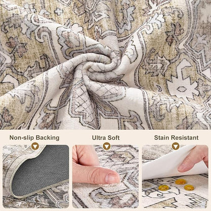 Washable 2x6 Runner Rugs: Non Slip Vintage Brown Area Rugs for Living Room, Large Soft Stain Resistant Indoor Floor Carpets for Bedroom Dining Room Nursery Home Office Kid & Pet Friendly