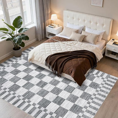 GarveeHome 8×10 Area Rugs for Living Room,Grey Checkered Rug, Non-Slip Washable Rugs 8x10,Soft Low-Pile Farmhouse Geometric Modern Rugs for Bedroom Dining Room